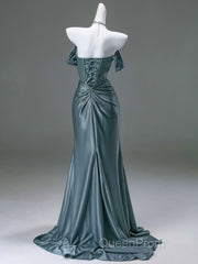 Steel Blue Silk Evening Dresses - Corset Back Evening Prom Dresses with Off-the-Shoulder Design Plus Size