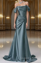 Steel Blue Silk Evening Dresses - Corset Back Evening Prom Dresses with Off-the-Shoulder Design Plus Size