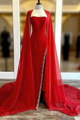 Strapless Beaded Side Slit Red Long Evening Prom Dresses With Cape