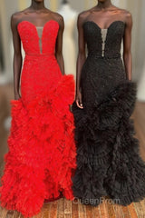 Strapless Cut-Out Back Ruffle Layers Mermaid Evening Prom Dresses