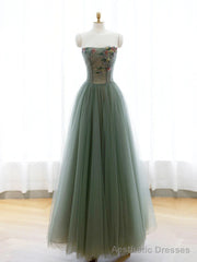 Strapless Green Tulle Floral Long Prom Dresses, Green Tulle Floral Formal Evening Dresses