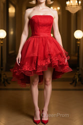 Strapless High Low Red Lace Evening Prom Dresses, High Low Red Homecoming Dresses, Short Red Lace Formal Graduation Evening Dresses