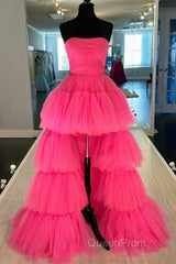 Strapless Hot Pink High Low Evening Prom Dresses, Hot Pink High Low Formal Homecoming Dresses