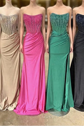 Strapless Mermaid Beaded Long Evening Prom Dresses With Slit