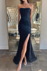 Strapless Mermaid Dark Blue Lace Long Evening Prom Dresses, Mermaid Dark Blue Lace Formal Dresses, Dark Blue Lace Evening Dresses