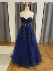 Strapless Navy Blue Beaded Lace Prom Dresses, Navy Blue Lace Formal Evening Dresses