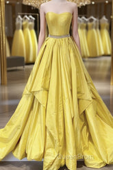 Strapless Open Back Fluffy Yellow Satin Long Evening Prom Dresses, Layered Yellow Formal Evening Dresses