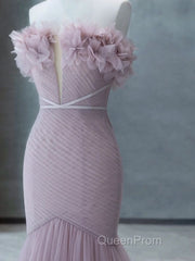 Strapless Pink Chiffon Creased Evening Dresses Floor Length Mermaid Evening Prom Dresses With Sweep