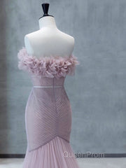 Strapless Pink Chiffon Creased Evening Dresses Floor Length Mermaid Evening Prom Dresses With Sweep