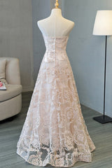 Strapless Pink Lace Long Evening Prom Dresses, Pink Lace Formal Graduation Evening Dresses