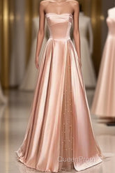 Strapless Pink Satin Long Party Dresses Formal Evening Prom Dresses