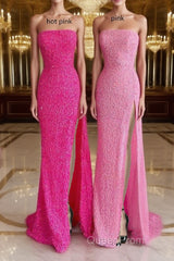 Strapless Pink Sequins Evening Prom Dresses with Slit