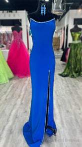 Strapless Royal Blue Long Prom Dress with Beading and Skirt Slit