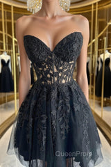 Strapless Short Black Lace Evening Prom Dresses, Short Black Lace Formal Homecoming Dresses