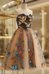 Strapless Short Champagne Floral Evening Prom Dresses, 3D Floral Short Champagne Formal Graduation Dresses