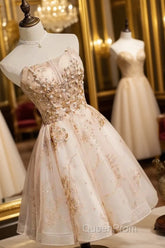 Strapless Short Champagne Party Dresses Homecoming Dresses With Sequins