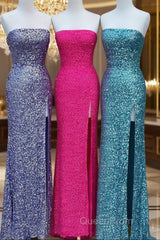 Strapless Sparkly Long Evening Prom Dresses With Slit,Formal Dresses,Charming Dance Dresses