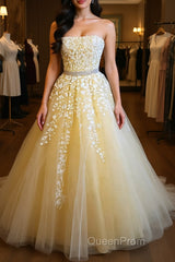 Strapless Yellow Lace Long Evening Prom Dresses, Yellow Lace Formal Graduation Evening Dresses, Yellow Ball Gown