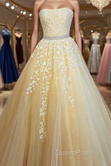 Strapless Yellow Lace Long Evening Prom Dresses, Yellow Lace Formal Evening Dresses
