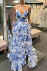 Straps Blue Floral Print High Slit Ruffled Evening Prom Dresses