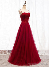 Straps Dark Red Beaded Sweetheart Long Formal Dress, Junior Prom Dress