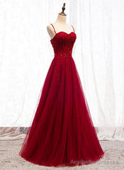 Straps Dark Red Beaded Sweetheart Long Formal Dress, Junior Prom Dress