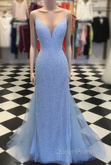 Straps Light Blue Mermaid Evening Prom Dresses Beaded Backless Formal Dresses