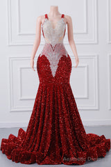 Straps Red Beading Sequin Prom Dresses Mermaid Long Party Dresses
