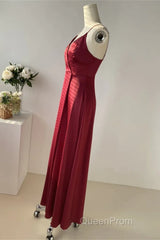 Straps Wine Red Satin Long Bridesmaid Dresses