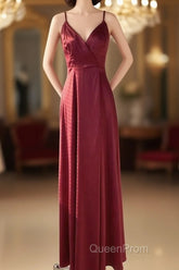 Straps Wine Red Satin Long Bridesmaid Dresses