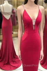 Stunning Elegant Mermaid Sexy Spaghetti Straps Beaded Red Evening Prom Dresses,Charming Backless Evening Dresses,Dance Dresses