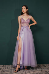 Stunning Front Split Spaghetti Straps Long A Line Beaded Prom Dresses
