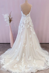 Stunning Long A-Line Spaghetti Straps Appliques Lace Tulle Wedding Dresses