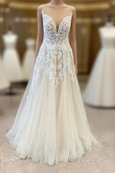 Stunning Long A-Line Spaghetti Straps Appliques Lace Tulle Wedding Dresses