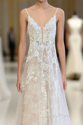 Stunning Long A-Line Spaghetti Straps Tulle Lace Wedding Dresses