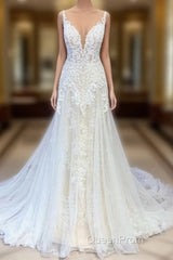 Stunning Long A-Line Tulle Sweetheart Appliques Lace Wedding Dresses