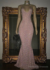 Stunning Long Halter Spaghetti Straps Sequined Mermaid Prom Dress