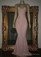 Stunning Long Halter Spaghetti Straps Sequined Mermaid Prom Dress