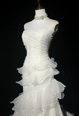Stunning White Strapless Mermaid Organza Long Evening Prom Dresses Simple Wedding Dresses