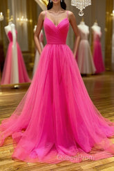 Stylish A Line V Neck Backless Hot Pink Long Evening Prom Dresses, Backless Hot Pink Formal Graduation Evening Dresses
