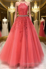 Stylish Backless Coral Lace Long Evening Prom Dresses, Coral Lace Formal Graduation Evening Dresses