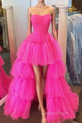 Stylish High Low Strapless Fuchsia Evening Prom Dresses with Ruffles