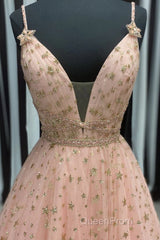 Stylish V Neck Pink Long Evening Prom Dresses with Stars Sequins, Long Pink Formal Evening Dresses