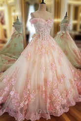 Sweet 16 Dresses Pink Lace Floral Evening Prom Dresses Ball Gown Off The Shoulder Elegant Beaded Luxury Evening Prom Gown
