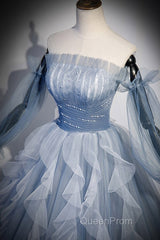 Sweet And Elegant Sky Blue Beaded Sequins Off The Shoulder Long Sleeved Ball Dresses Sky Blue A-Line/Princess Strapless Backless Strap And Ground Length Evening Prom Dresses