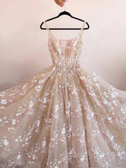 Sweet Light Champagne A-Line Tulle Sequin Applique Long Evening Prom Dresses Evening Prom Dresses Birthday Dresses