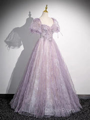 Sweet Lilac A-Line Sweetheart Tulle Beaded Long Evening Prom Dresses Puffy Sleeves Graduation Dresses
