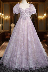 Sweet Lilac A-Line Sweetheart Tulle Beaded Long Evening Prom Dresses Puffy Sleeves Graduation Dresses