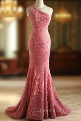 Sweet Pink Mermaid One Shoulder Sequined Pleated Long Evening Prom Dresses Backless Evening Dresses