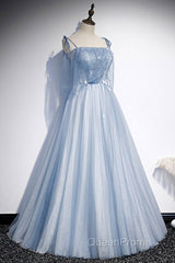 Sweet Sky Blue Thin Shoulder Strap Sleeveless Applique Lace Bead Dresses Dresses With Sky Blue A-Line Glittering Thin Gauze Open Back Strap Long Ruffle Edge Evening Dresses